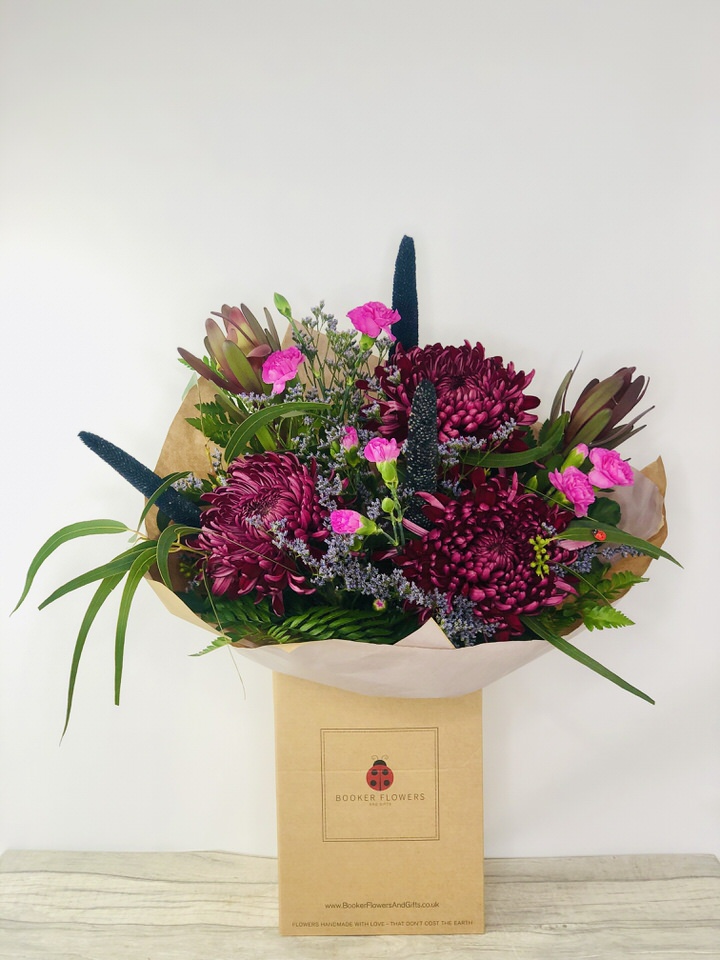 <h2>Liverpool Flower Delivery</h2>
<p>Our shop delivers flowers to the following Liverpool postcodes L1 L2 L3 L4 L5 L6 L7 L8 L11 L12 L13 L14 L15 L16 L17 L18 L19 L24 L25 L26 L27 L36 L70 If your order is for an area outside of these we can organise delivery for you through our network of florists. We will ask them to make as close as possible to the image but because of the difference in stock and sundry items it may not be exact.</p>
<br>
<h2>Hand-tied Bouquet | Flowers in box with water</h2>
<p>These beautiful flowers hand-arranged by our professional florists into a hand-tied bouquet are a delightful choice from our new Winter collection. This seasonal bouquet would make the perfect gift for any occasion or to let someone know you are thinking of them.</p>
<br>
<p>Handtied bouquets are a lovely display of fresh flowers that have the wow factor. The advantage of having a bouquet made this way is that they are artfully arranged by our florists and tied so that they stay in the display.</p>
<br>
<p>They are then gift wrapped and aqua packed in a water bubble so that at no point are the flowers out of water. This means they look their very best on the day they arrive and continue to delight for days after.</p>
<br>
<p>Being delivered in a transporter box and in water means the recipient does not need to put the flowers in a vase straight away they can just put them down and enjoy.</p>
<br>
<p>Featuring 3 Plum Blooms, 3 Navy Barbola, 3 Lilac / Pink Spray Carnations, 2 Safari, and 2 Limonium together with mixed seasonal foliages including Eucalyptus.</p>
<br>
<h2>Eco-Friendly Liverpool Florists</h2>
<p>As florists we feel very close earth and want to protect it. Plastic waste is a huge problem in the florist industry so we made the decision to make our packaging eco-friendly.</p>
<p>To achieve this we worked with our packaging supplier to remove the lamination off our boxes and wrap the tops in an Eco Flowerwrap which means it easily compostable or can be fully recycled.</p>
<p>Once you have finished enjoying your flowers from us they will go back into growing more flowers! Only a small amount of plastic is used as a water bubble and this is biodegradable.</p>
<p>Even the sachet of flower food included with your bouquet is compostable.</p>
<p>All our bouquets have small wooden ladybird hidden amongst them so do not forget to spot the ladybird and post a picture on our social media pages to enter our rolling competition.</p>
<br>
<h2>Flowers Guaranteed for 7 Days</h2>
<p>Our 7-day freshness guarantee should give you confidence that we will only send out good quality flowers.</p>
<p>Leave it in our hands we will create a marvellous bouquet which will not only look good on arrival but will continue to delight as the flowers bloom.</p>
<br>
<h2>Liverpool Flower Delivery</h2>
<p>We are open 7 days a week and offer advanced booking flower delivery same-day flower delivery 3-hour flower delivery. Guaranteed AM PM or Evening Flower Delivery and also offer Sunday Flower Delivery.</p>
<p>Our florists deliver in Liverpool and can provide flowers for you in Liverpool Merseyside. And through our network of florists can organise flower deliveries for you nationwide.</p>
<br>
<h2>The Best Florist in Liverpool your local Liverpool Flower Shop</h2>
<p>Come to Booker Flowers and Gifts Liverpool for your beautiful flowers and plants. For that bit of extra luxury we also offer a lovely range of finishing touches such as wines champagne locally crafted Gin and Rum Vases Scented Candles and Chocolates that can be delivered with your flowers.</p>
<p>To see the full range see our extras section.</p>
<p>You can trust Booker Flowers and Gifts of delivery the very best for you.</p>
<p><br /><br /></p>
<p><em>5 Star review on Yell.com</em></p>
<br>
<p><em>Thank you Gemma for your fabulous service. The flowers are of the highest quality and delivered with a warm smile. My sister was delighted. Ordering was simple and the communications were top-notch. I will definitely use your services again.</em></p>